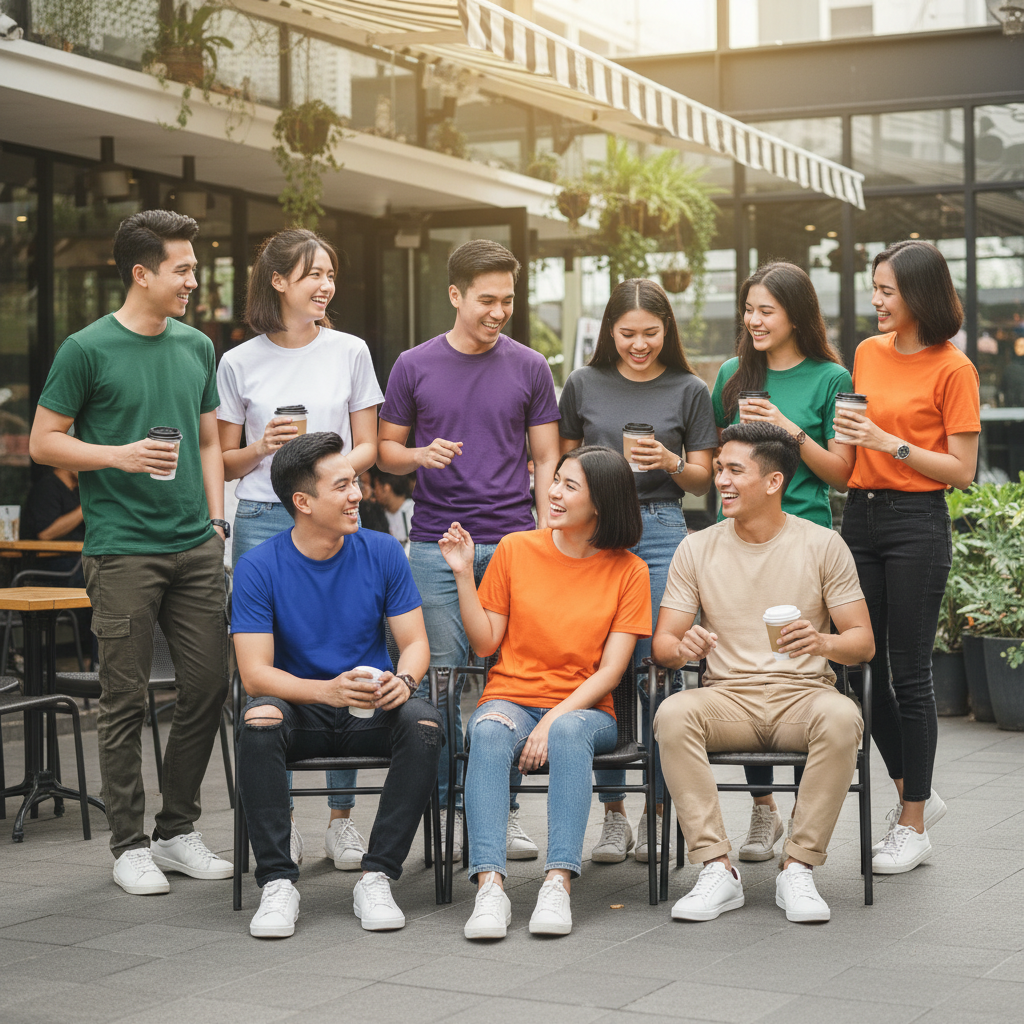 Outdoor group wearing colorful T-shirts